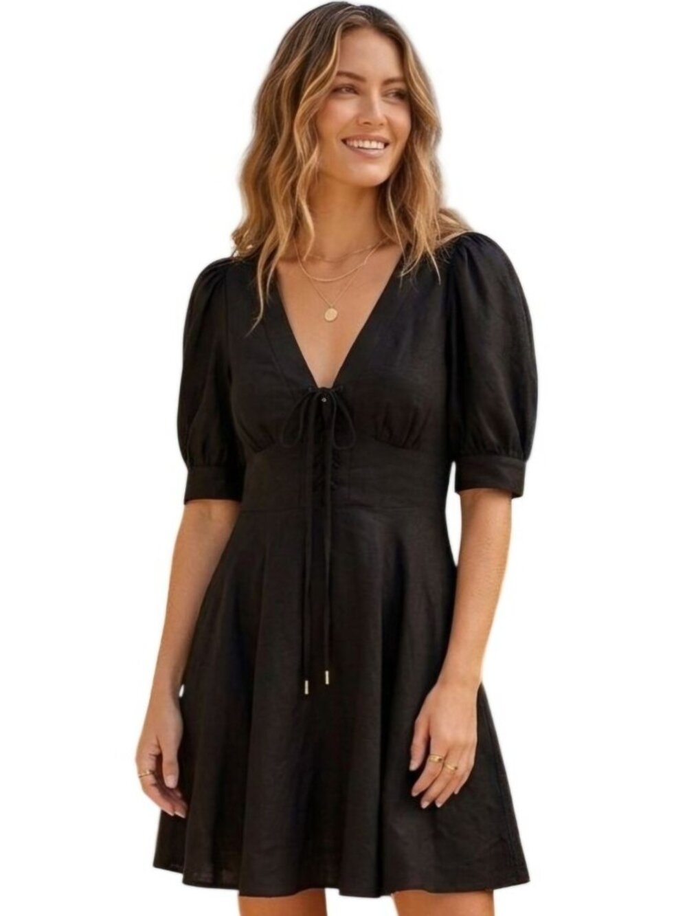 House of Harlow 1960 Black Linen Blend Lace Up V Neck Puff Sleeve Dress - Size 4